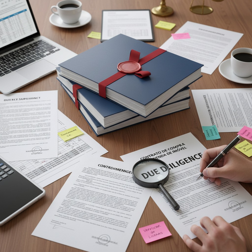 Mão assinando um documento com a palavra "Due Diligence" em cima da mesa com papéis, notebook e xícaras de café.