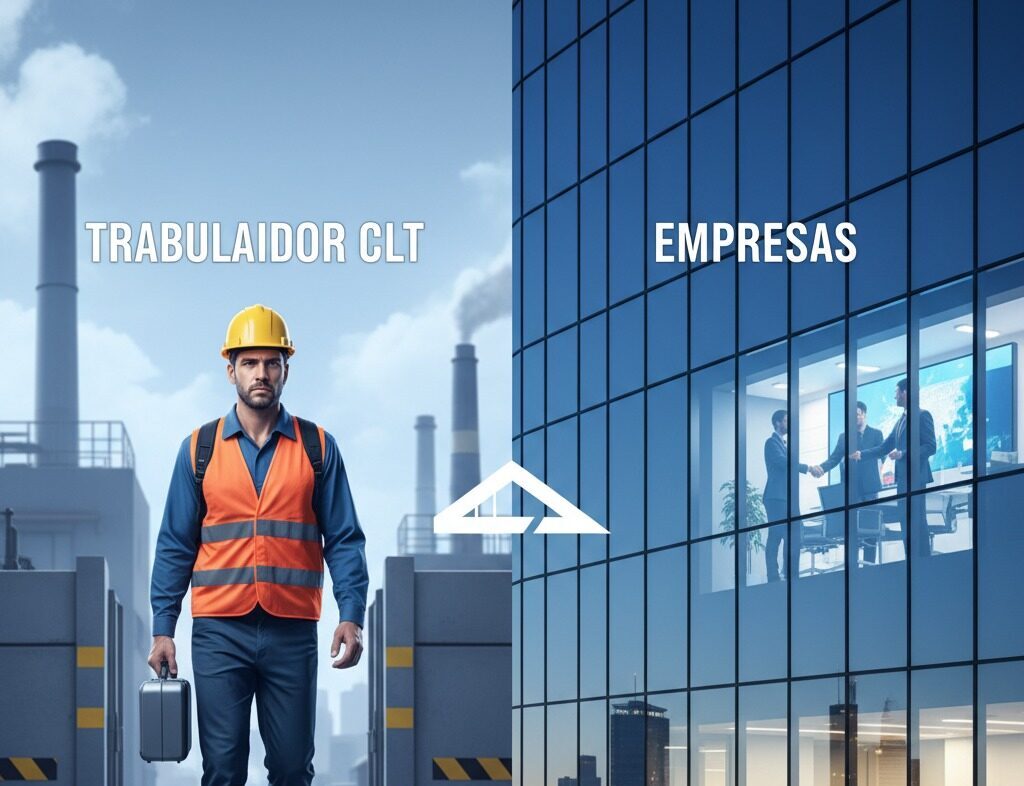Um operário com capacete amarelo e colete refletivo caminha à esquerda, enquanto executivos em reuniões corporativas aparecem através das janelas de um prédio de vidro à direita.